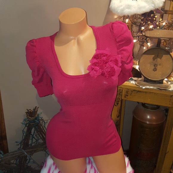 bebe Sweaters - Bebe ruched scoopneck sweater w/floral pins S red